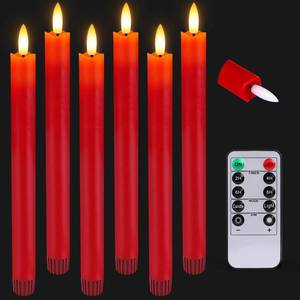 lot 33085 image: HINZER 6 Pcs Flameless Taper Candles with Remote & Timer 9.6 inch Real Wax Battery Operated LED Warm 3D Wick Flickering Window Candles for Halloween Christmas Wedding Decor, Red - Retail $25