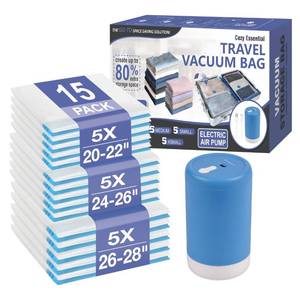 lot 33089 image: Cozy Essential Travel Vacuum Storage Bags with Rechargeable Cordless USB Pump, Space Saver Bags for Luggage, Suitcase, Carry-On, for Clothes, Blankets, Bedding & Seasonal Storage,15 Combo - Retail $25