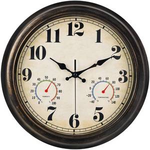 lot 33097 image: Zyzamay 13 Inch Outdoor Clock with Thermometer and Hygrometer, Waterproof and Silent, Large Easy-to-Read Numbers, Ideal for Bedroom,Office,Living Room,Porch,Garden,Pool(BlackGold) - Retail $17