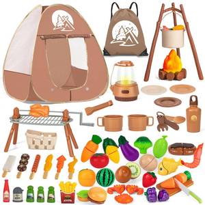 lot 33101 image: NisKaqsn 80PCS Kids Camping Toys Set with Play Tent Campfire Toys,Toy BBQ Grill Set,Pretend Cutting Play Food Set for Kid Kitchen, Indoor Outdoor Toys Pretend Playset for Toddler,Gifts for Boys Girls - Retail $36
