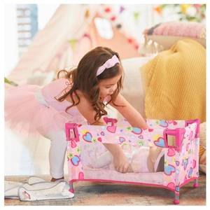 lot 33102 image: Chyyeerkidd Toy Baby Doll Crib for 18 Dolls, Cute Pink Heart Designed Baby Doll Bed with Carry Bag, Toy Crib Doll Furniture for 3 Years Girls (Pink) - Retail $19