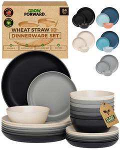 lot 33103 image: Grow Forward 24-piece Premium Wheat Straw Dinnerware Sets for 8 - Unbreakable Dishwasher & Microwave Safe Plastic Plates and Bowls Sets - Patio, Outdoors, RV, Camping Dishes - Moonlight - Retail $38