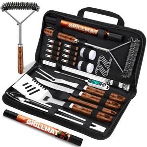 lot 33117 image: RINPIR 31pcs BBQ Grill Accessories Gifts for Men Dad, Heavy Duty Grilling Tools Gift Set for Fathers Day, Stainless Steel BBQ Utensils Kit with Mats, Grill Brush in Carrying Bag Brown - Retail $36