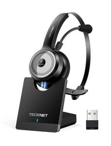 lot 33123 image: TECKNET Wireless Headset for Work, 40Hrs Worktime AI Noise Cancelling Computer Headphones with Charging Base, Bluetooth Headset with Mic & USB Dongle for PCLaptopCall Center - Retail $50