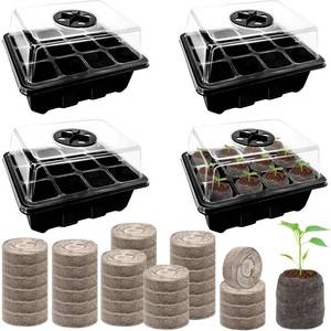 lot 33135 image: Halatool 4 Pack Seed Starter Tray with 50 PCS Peat Pellets, 48 Cells Black Seeding Starter Trays for Organic Seed Starter Soil Pods for Planting Vegetables Plants Flowers - Starting Seeds Kit - Retail $17
