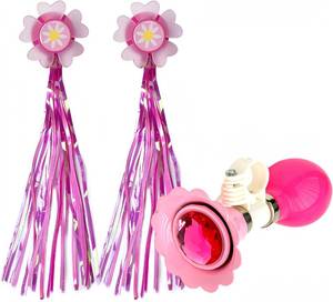 lot 33140 image: Kids Bicycle Horn and Handlebar Streamers Set - 1 Bike Horn  2 Pink Handle Streamers Kit for Children Bike Accessories - Retail $10