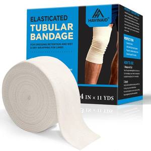 lot 33141 image: Latex-Free Elasticated Tubular Support Bandage with Stockinette Fabric, Breathable Tubular Compression Sleeve for Joint & Tissue Support on Arms, Knees, Legs (4 x 11 Yards) Size F - Retail $18