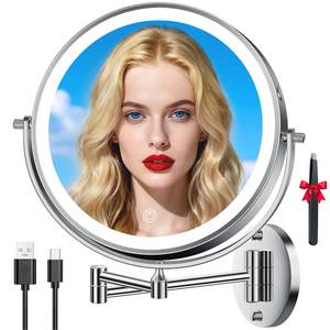 lot 33157 image: Wall Mounted Lighted Makeup Mirror, 5000mAh Rechargeable Double-Sided Magnifying Mirror with Light, LED Vanity Mirror Touch Dimmable 3 Colors 360° Rotation Extended Foldable Arm, Chrome - Retail $40