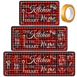 lot 33158 image: Bencailor 3 Pieces Kitchen Rugs Set Non Slip Washable Kitchen Mats Farmhouse Welcome Door Mat Floor Rugs Absorbent for Home Laundry Living Room and Hallway,3 Sizes(Red) - Retail $27