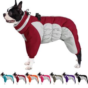 lot 33165 image: AOFITEE Fullbody Dog Coat Warm Fleece Dog Jacket, Windproof Dogs Winter Coat with Harness Built in, Reflective Turtleneck Dogs Snowsuit Puffer Jacket, Four Legged Pet Snow Suit, Christmas Red S - Retail $46
