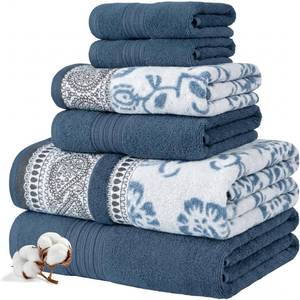 lot 33168 image: Modern Threads Floral Trail 6-Piece 100% Cotton Towel Set Reversible Yarn Dyed Jacquard - Includes 2 Bath Towels, 2 Hand Towels, 2 Washcloths Absorbent, Quick Dry, Soft & Durable Navy - Retail $38