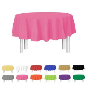 lot 33173 image: Pink Disposable Plastic Tablecloth for Round Tables (12 Pack) 84 inches Table Cloths for Parties, Events & Weddings, Indoors & Outdoors, Plastic Table Cover - Retail $22