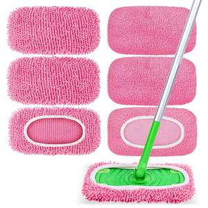 lot 33546 image: 6-Pack Reusable Microfiber Mop Pads Compatible with Swiffer Sweeper, Dry & Wet Sweeping Cloths - Washable Wet Pads Refill for Multi-SurfaceHardwood Floor Cleaning -Pink - Retail $9
