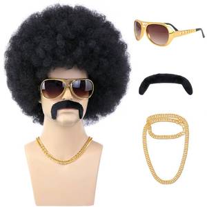 lot 33549 image: morvally 70s Black Afro Wig for Men with Glasses Chain and Mustache Mens Short Black Curly Disco Costume Wigs 70s 80s Hippie Rocker Funny Cosplay Synthetic Wigs for Halloween Party - Retail $20