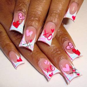 lot 33608 image: Valentines Press on Nails Medium Duck Fake Nails with Pink Red Hearts Design Glossy White French Tips Glue on Nails Blue Striped False Nail Cute Love Stick on Nail for Women Manicure 24Pcs - Retail $7
