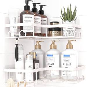 lot 42513 image: Sakugi Corner Shower Caddy - 2 Pack, Adhesive Shower Organizers, Rustproof Stainless Steel Shower Shelves with 8 Hooks, No Drilling Bathroom Organizers and Storage Racks, Space-Saving, White, Medium - Retail $20