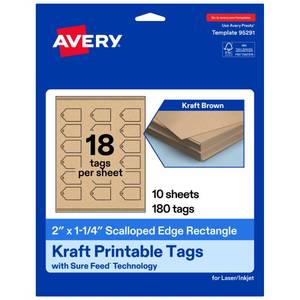 lot 42534 image: Avery Printable Rectangle Scalloped Tags, Sure Feed Technology, 2 x 1-14, Kraft Brown Cardstock, Print-To-The-Edge, LaserInkjet Printable, 180 Total, Great for Custom Gift or Branding Tags - Retail $11