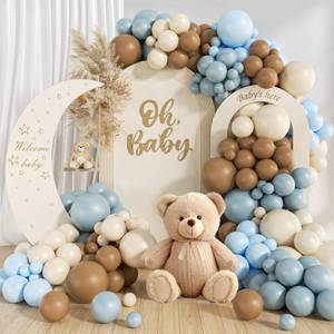 lot 42535 image: 146Pcs Dusty Blue and Brown Balloon Arch Kit, Bear Baby Shower Decorations with Brown Sand White Dusty Blue Balloons for Baby Shower Decorations Gender Reveal Birthday Party Decoration - Retail $13