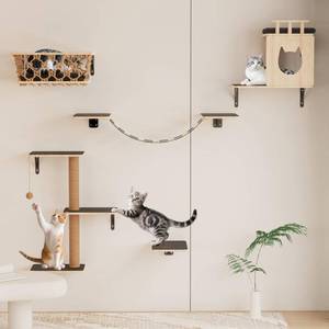 lot 61863 image: HHOFURN 5-in-1 Cat Wall Shelves Set with Hammock, Wall-Mounted Cat Furniture Includes Condo, Bridge, Ladder & Steps for Indoor Cats, Safe & Stable (Gray) - Retail $70