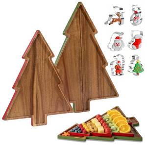 lot 61870 image: Fyctio Christmas Charcuterie Board, Acaia Wooden Cutting Boards for Kitchen Decor, 2 Pack Christmas Tree Platters for Cheese Snacks Fruit Dessert Candy, Holiday Decorative Serving Tray with Gift Box - Retail $12