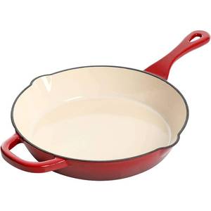 lot 61876 image: Crock-Pot 10 Inch Enameled Cast Iron Skillet with Handles - Ideal for Searing, Roasting, Frying - Even Heat Distribution, Pour Spouts - Oven-Safe & Stovetop Safe (Red) - Retail $33