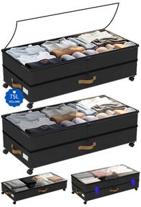 lot 61882 image: GOVEYONY Under Bed Storage with Wheels 2-Pack, 75L XXL Under the Bed Storage Containers Large, 12 Tall Adjustable Storage for Underbed with Lids, Rolling for Clothes, Shoes, Blankets (Black) - Retail $70