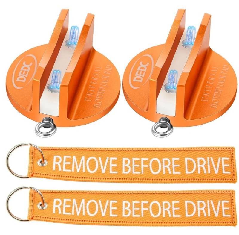 lot 72516 image: DEDC Universal Aluminum Grooved Magnetic Jack Pad 2 Pcs, Jacking Puck Pinch Weld Frame Rail Adapter with 2 Reminder Streamers, Oil Change Mush Haves, Mechanic Tools in Garage, Gifts for Mechanics - Retail $30