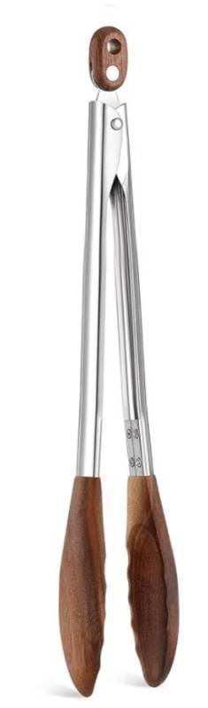 lot 72526 image: Wooden Tongs for Cooking & Serving Food, Stainless Steel Salad Tongs with Walnut Wood Tip, Anti-Slip Long Handle Wooden Kitchen Tongs Heat Resistant, Smooth Locking & Hanging Cooking Utensil - Retail $17