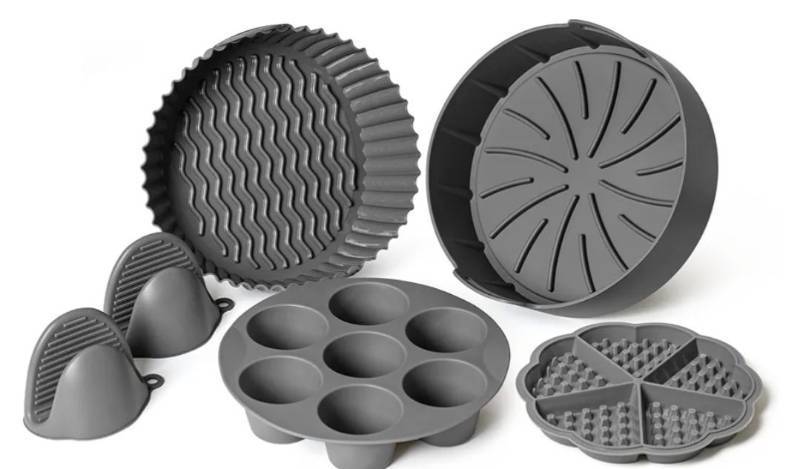 lot 72528 image: Set of 5 Silicone Air Fryer Liners with Egg Bite Mold, Waffle Mold & Mitts - 8.7 Round Reusable Silicone Inserts for 5-7 Qt Airfryers - Easy to Clean & Heat-Resistant Air Fryer Accessories Set - Retail $27