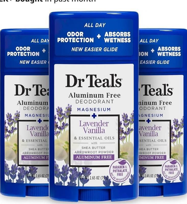 lot 72530 image: Dr Teals Aluminum Free Deodorant, Lavender Vanilla with Essential Oils, 2.65 oz (Pack of 3) - Retail $16