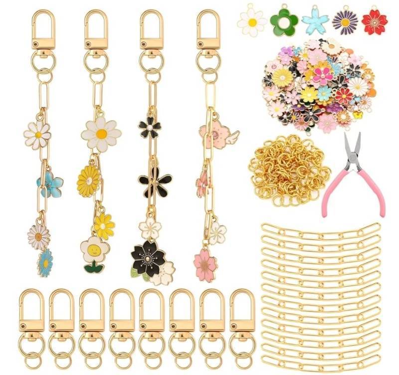 lot 72531 image: 266 Pieces Flower DIY Gold Keychain Making Kit Floral Daisy Bag Charm Jewelry Making Sunflower Ornaments Bulk for Key Ring Art Adults Women Bag Gift - Retail $29