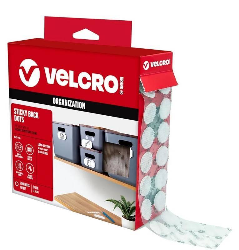 lot 72573 image: VELCRO Brand Dots with Adhesive White  200 Pk  34 Circles  Sticky Back Round Hook and Loop Closures for Organizing, Arts and Crafts, School Projects, 91824, 200Pk - Retail $14
