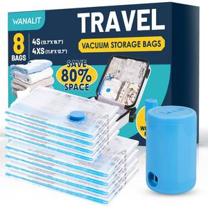 lot 37011 image: Vacuum Storage Bags for Travel, 8 Pack (4S4XS) Vacuum Seal Bags with Wireless Rechargeable Electric Pump, Travel Essentials Space Saving Compression Bag for Clothes, Luggage, Suitcase, Backpack, Trip - Retail $20