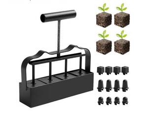 lot 37019 image: Soil Blocker for Seed Starting 4 Cell - 2 inch Soil Block Maker with Ergonomic Handle & 3 Types of Seed Pins for Garden, Outdoor Plants - Retail $13
