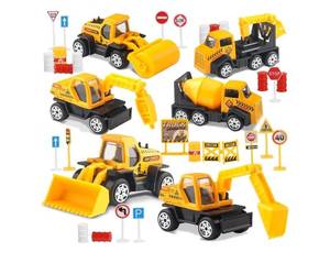 lot 37022 image: 28 PCS Construction Toys for boy Age 3-5, Small Construction Vehicles, Sandbox Toy for Boys, Small Construction Car Truck Excavator Party Favors Gifts for Boys - Retail $18