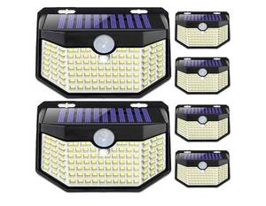 lot 37023 image: 120 LED Outdoor Solar Lights with Motion Sensor and 3 Lighting Modes, IP65 Waterproof Wide Solar Wall Lights Ideal for Garden Patio Yard (Front Button 6Packs, Black Shell-Daylight White) - Retail $25