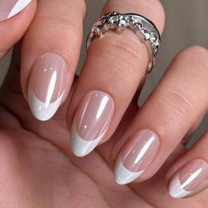 lot 37036 image: Press On Nails Almond French Tip Soft Gel Press Ons Short Kit with Nail Tips Glue on Nails, 16 Sizes - 32Pcs Reusable Chrome French Fake Nails Kit, Gift for Women - Retail $10