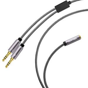 lot 37064 image: Long Headset Splitter Cable (4ft1.2m), 3-Pole TRS Microphone(Male) & Audio(Male) to Single 4-Pole TRRS (Famle) Jack Headphone AdapterCrystal-Nylon Braided  24K Gold Plated  99.99% 4N OFC - Retail $12