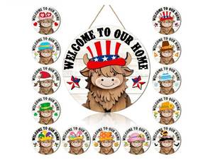 lot 37093 image: 40 Pcs Interchangeable Highland Cow Welcome Sign 11.8 Inch Holiday Patriotic Memorial Day Door Hanger Decor Rustic Farmhouse Wooden Hanging Sign for Party 4th of July Home Decoration Gift - Retail $16