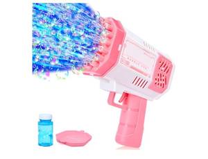 lot 37103 image: Sloosh Bubble Machine Toy for Kids, Rocket Shape Bubble Gun for Kids Ages 4-8, Gifts, Adults, Party Favors, Summer, Wedding, Easter (Blue and Yellow) - Retail $16