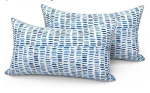 lot 37110 image: Set of 2 Outdoor Lumbar Pillows for Patio Furniture with White Piping, 12x20 Fade Resistant Patio Lumbar Pillows with Inserts for Home Coach Sofa Use, A Pebble Blue - Retail $43