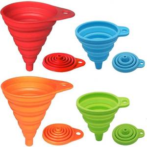 lot 37116 image: Kitchen Funnel Set 4 Pack, Small and Large, Kitchen Gadgets Accessories Foldable Silicone Collapsible Funnels for Filling Water Bottle Liquid Transfer Food Grade - Retail $6