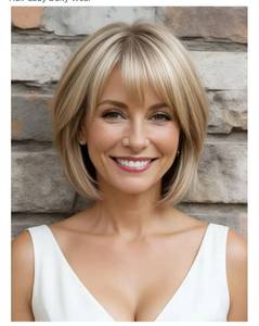 lot 37118 image: Layered Ombre Light Blonde Wigs for White Women with Bangs, Synthetic Straight Short Haircuts Wig Natural Looking Lightweight Glueless Blonde Bob Wig for Thinning Hair Lady Daily Wear - Retail $25