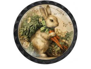 lot 37129 image: 4 Pack Vintage Bunny with Carrots Cabinet Knobs Round Drawer Pulls Black Dresser Knob Cupboard Door Handles Hardware for Kitchen Bathroom Cabinets - Retail $13