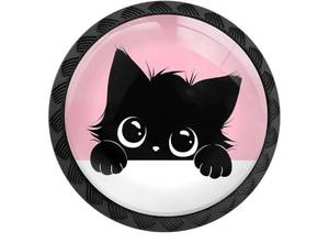 lot 37130 image: 4 Pack Cute Black Cat Cabinet Knobs Round Drawer Pulls Cat Dresser Knob Cupboard Door Handles Hardware for Kitchen Bathroom Cabinets - Retail $12