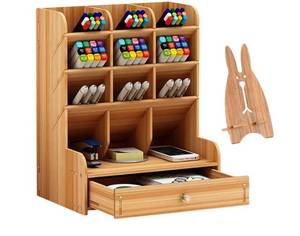 lot 37150 image: Wooden Desk Organizer, Multi-Functional DIY Pen Holder, Organizer for desk, Desktop Stationary, Easy Assembly, Home Office Art Supplies Storage with Drawer (B11-Cherry Color) - Retail $20