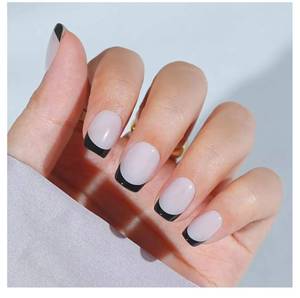 lot 37156 image: French Tip Press On Nails - Gothic Square,Black Halloween Press On Nails, Acrylic Square Short Halloween Nails with Nail Glue, Fit Perfectly & Natural Stick On Nails in 16 Sizes - 32 PCS Soft Gel Kit - Retail $9