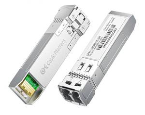 lot 37163 image: Cable Matters 2-Pack 10GBASE-SR SFP to LC Multimode 10G Fiber Transceiver Module, 10G, MMP Fiber, Up to 300m, for Cisco, Ubiquiti, TP-Link, D-Link, MikroTik, Netgear, Supermicro, HPE Aruba - Retail $35