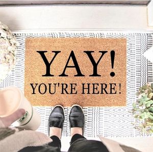 lot 37190 image: Yay Youre Here Funny Coir Doormat - Natural Brown Entryway Welcome Mat, 23.7 x 15.7 inch - Retail $32