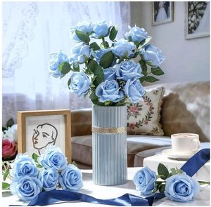 lot 37197 image: 30 Pcs Rose Artificial Flowers in Bulk Lifelike Long Stem Silk Roses Bouquets Realistic Faux Flowers for Wedding Bridal Shower Home Decor Floral Arrangements Table Centerpiece(Light Blue) - Retail $29